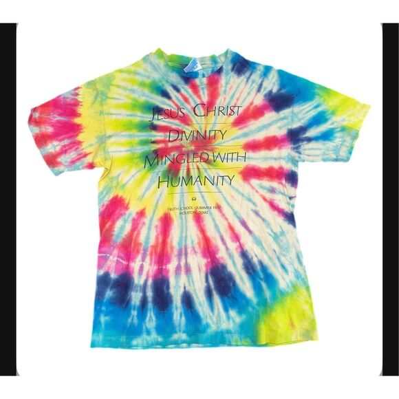 Vintage 1997 Jesus Christ Divinity Mingled With Humanity Religious Tie-Dye Tee - Picture 1 of 4